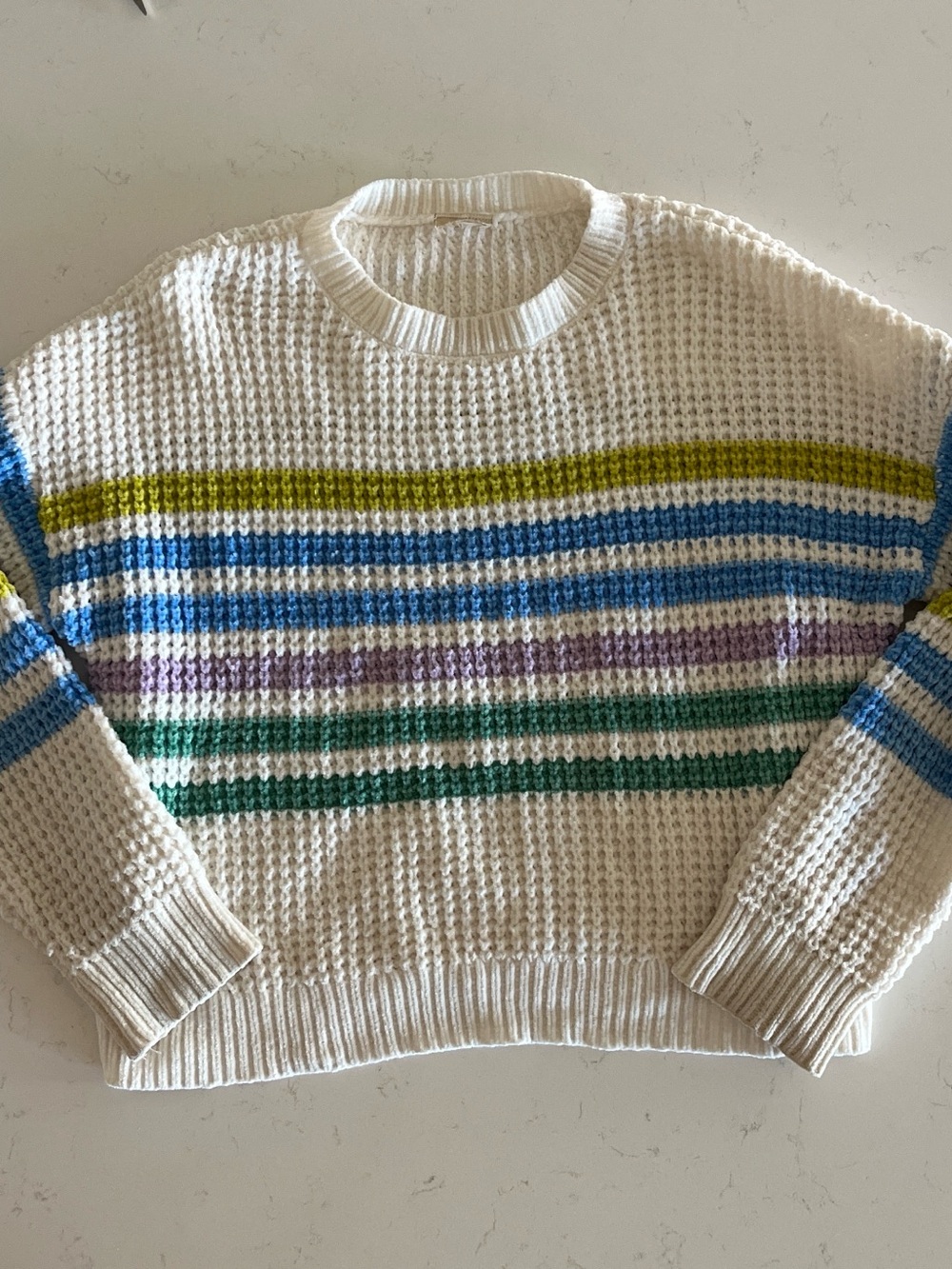 Cream Striped Waffle-Knit Sweater - Women's S